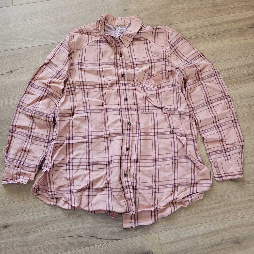 Free People Pink Plaid Button Down Shirt